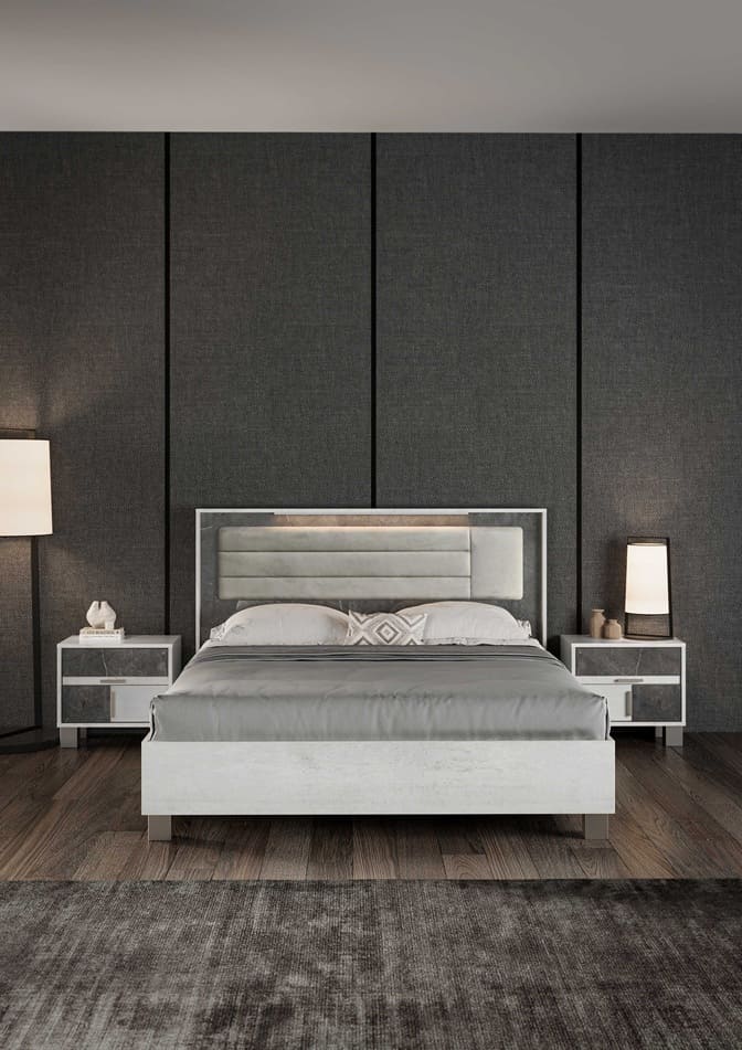 Chambre à coucher complète DAFNE blanc laqué et marbre gris 160x200 cm