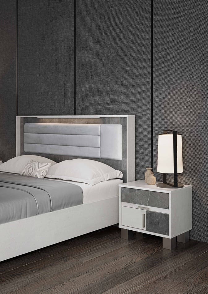 Chambre à coucher complète DAFNE blanc laqué et marbre gris 160x200 cm