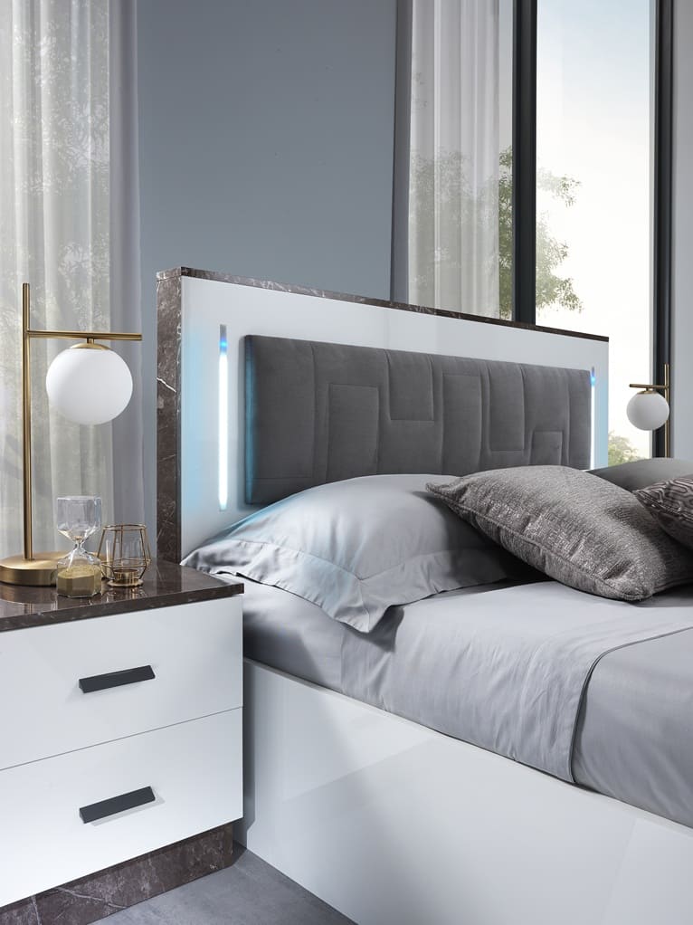 Chambre à coucher complète IRIS blanc laqué et effet marbre gris