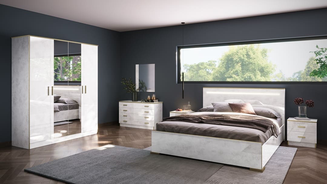 Chambre à coucher complète NOEMI en bois laqué 140x190 cm (Armoire 4 portes)