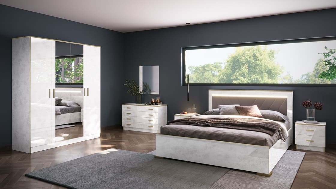 Chambre à coucher complète NOEMI en bois laqué 140x190 cm (Armoire 4 portes)