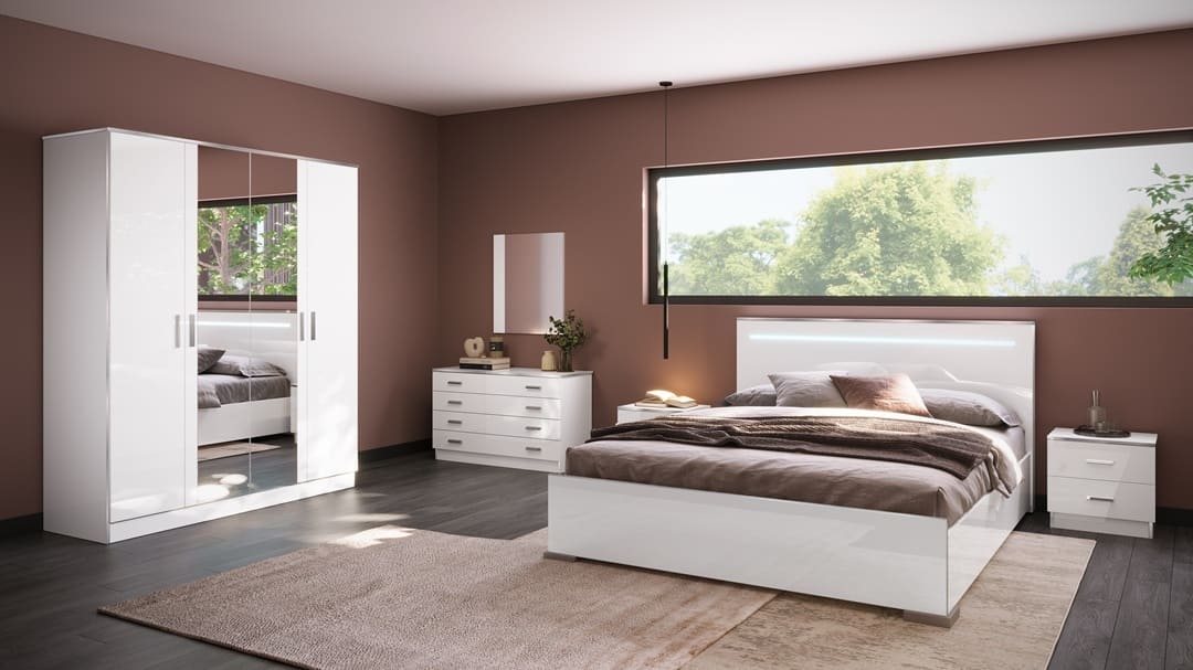 Chambre à coucher complète NOEMI en bois laqué 140x190 cm (Armoire 4 portes)