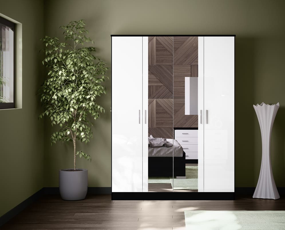 Chambre à coucher complète NOEMI en bois laqué 140x190 cm (Armoire 4 portes)