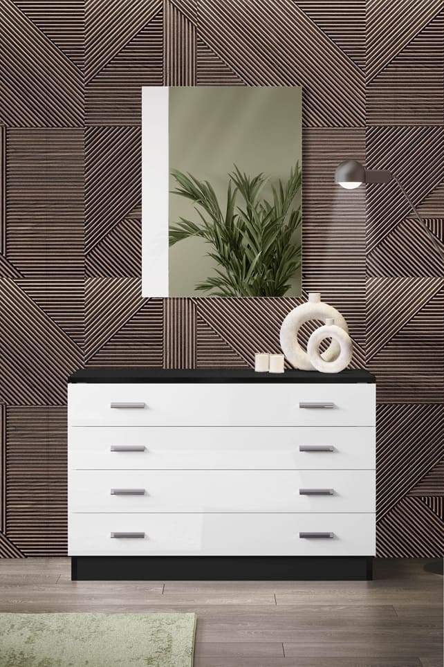 Chambre à coucher complète NOEMI en bois laqué 140x190 cm (Armoire 4 portes)