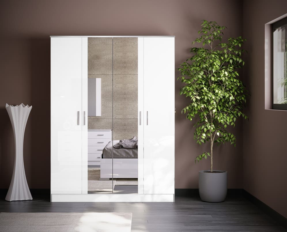 Chambre à coucher complète NOEMI en bois laqué 140x190 cm (Armoire 4 portes)
