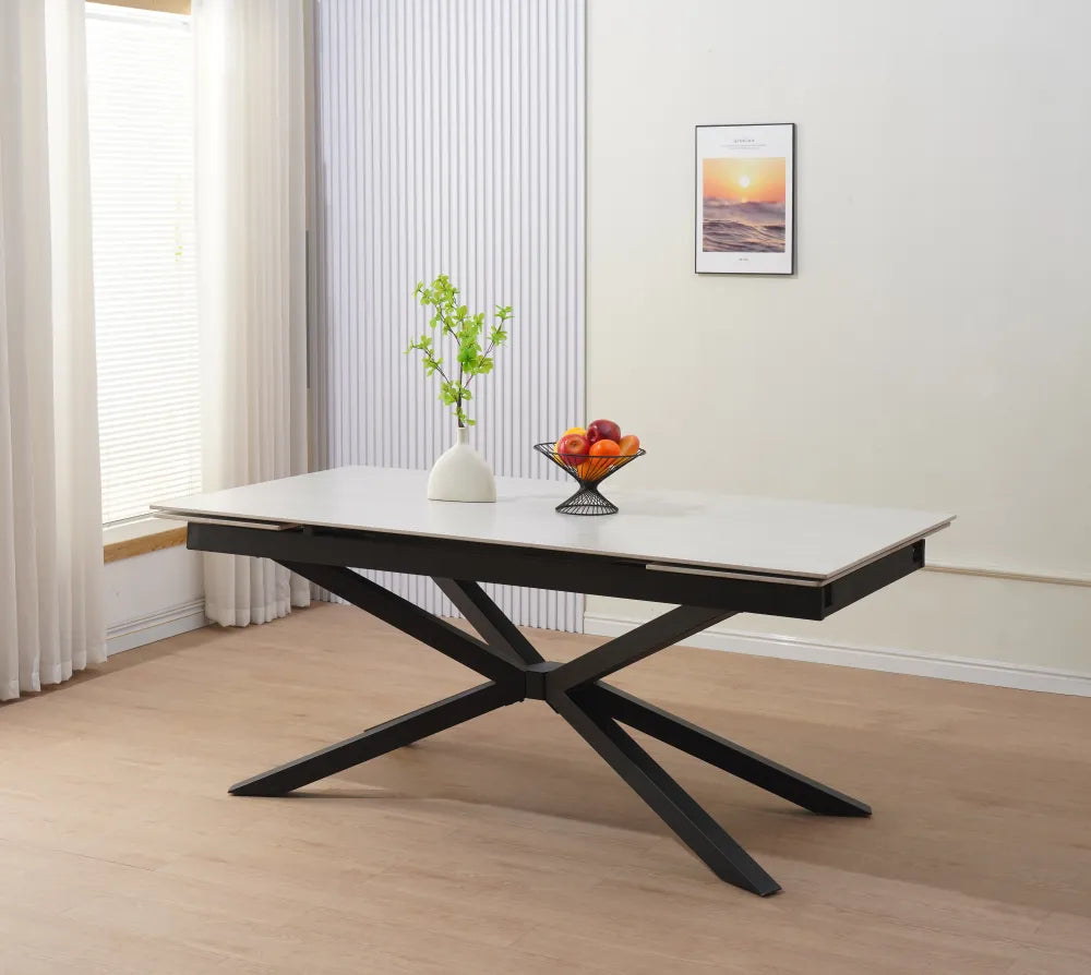 Table à manger extensible NANA Travertin pieds métal noir 180 à 260 cm