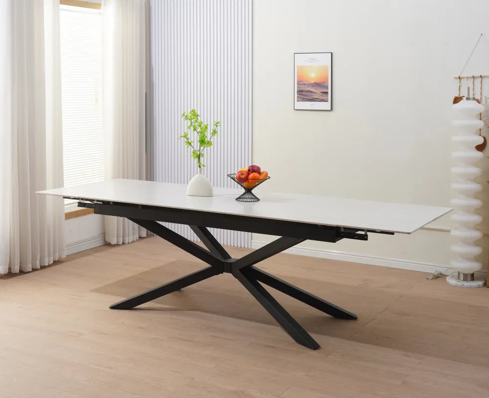Table à manger extensible NANA Travertin pieds métal noir 180 à 260 cm