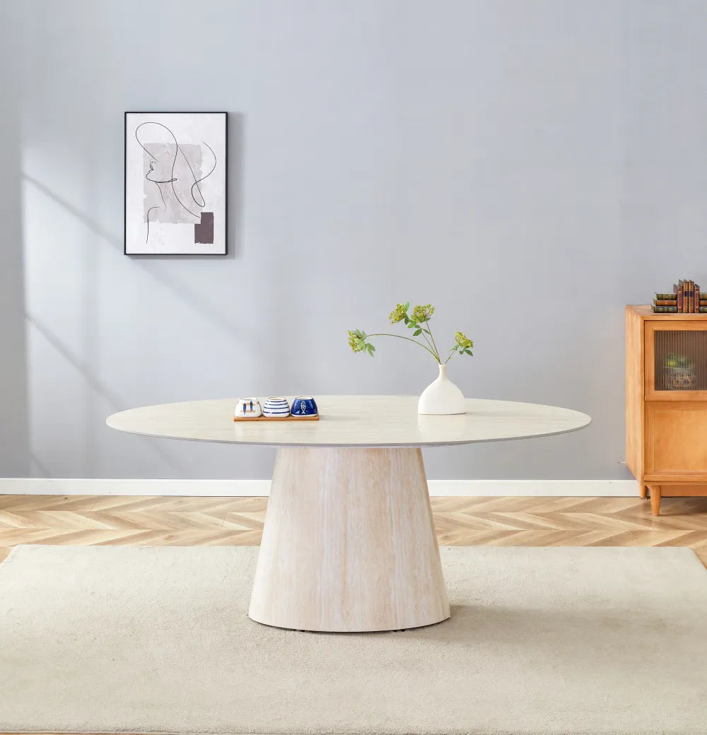 Table à manger ovale OVA 180 cm plateau céramique effet travertin