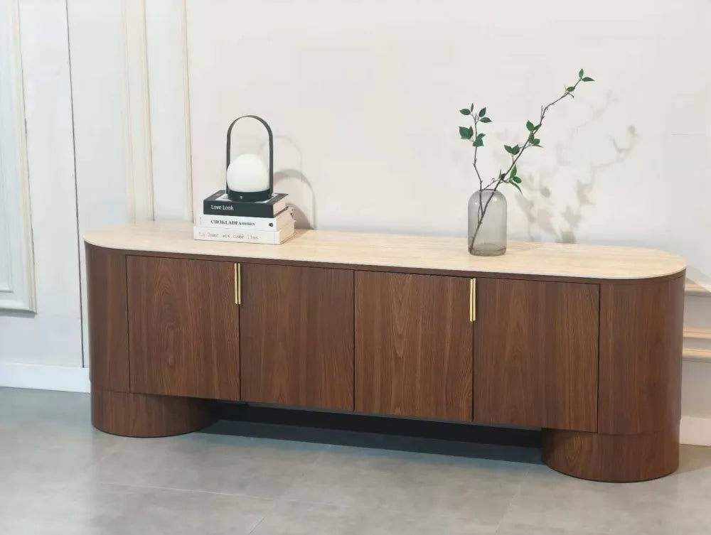 Meuble TV 4 portes ICONE noyer plateau céramique effet travertin