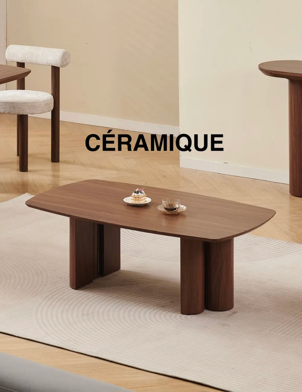 Table basse TRINITY pieds Noyer plateau 120 cm