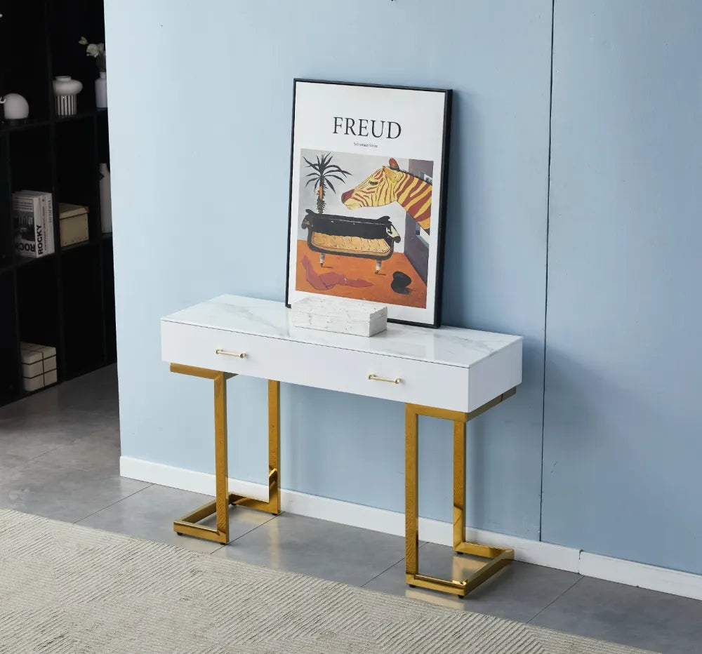 Console 2 tiroirs LILA gold marbre blanc