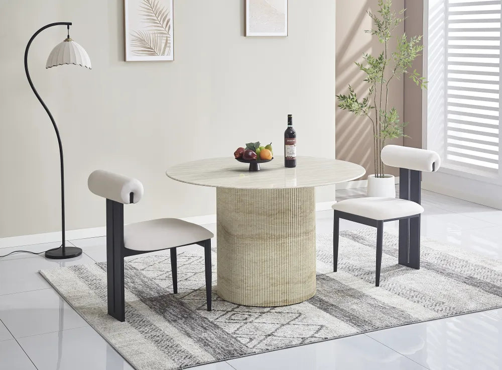 Table à manger ronde BAIETA plateau en céramique effet travertin 1m20