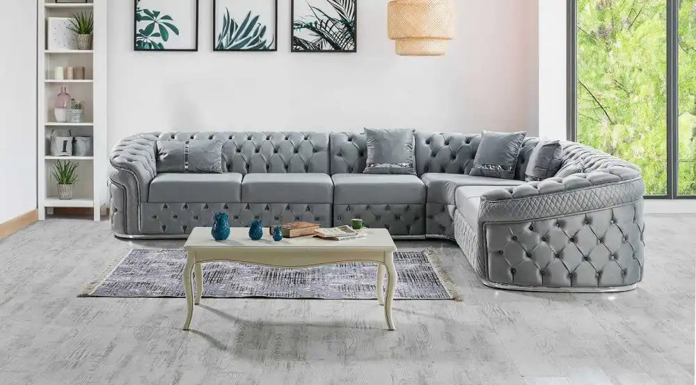 Canapé d'angle capitonné CONFORT 6 places #couleur_gris
