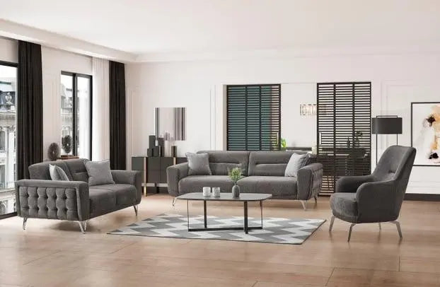 Ensemble de canapés BENTLY 3+2+1 capitonnés avec dossier basculant #couleur_gris