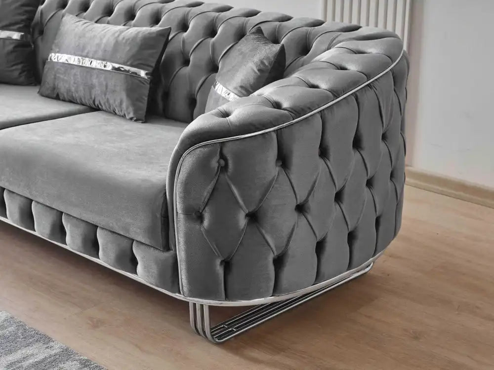 Canapé d'angle capitonné CONFORT 6 places #couleur_gris
