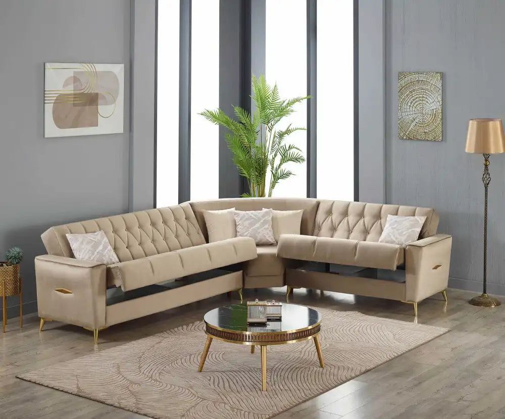 Canapé d'angle 6 places KELEBEK avec coffre de rangement #couleur_beige