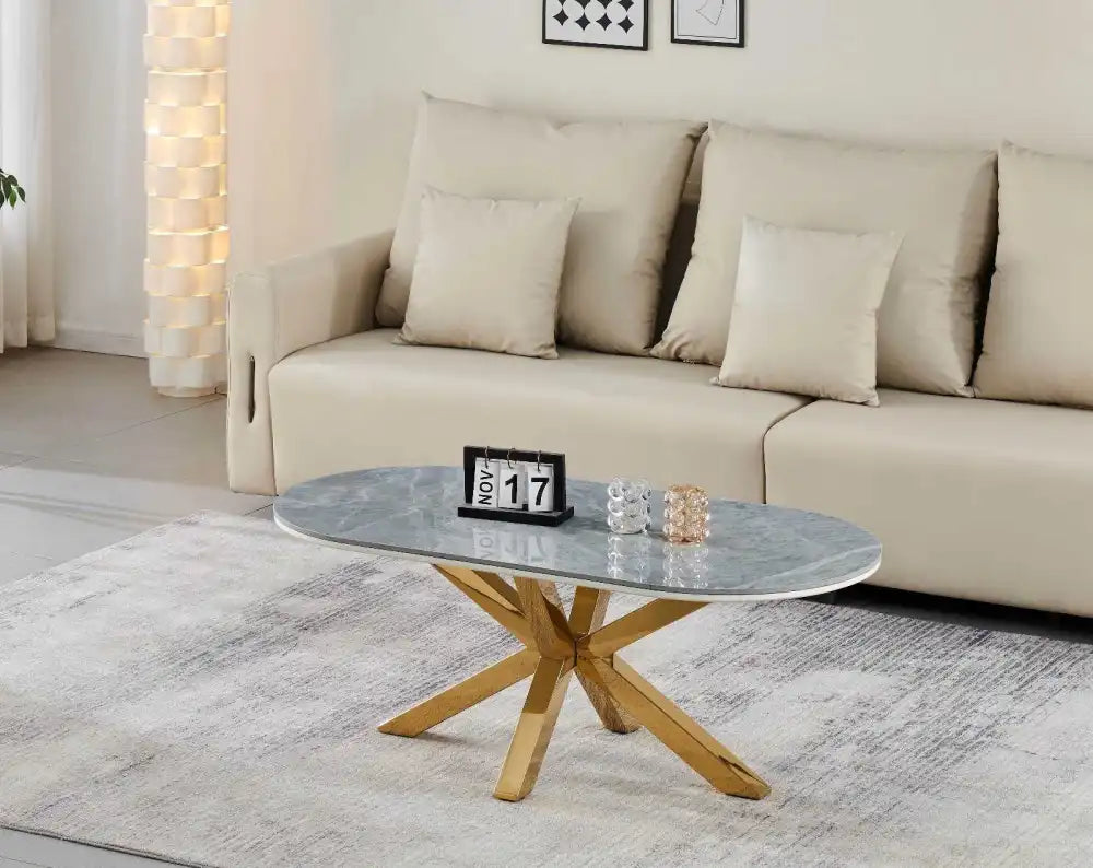 Table basse ovale FIONA pieds gold #couleur_marbre gris