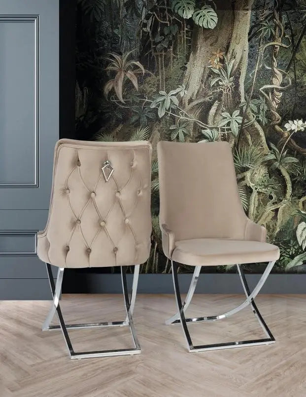 Lot de 2 chaises LYDIA chrome velours capitonné #couleur_beige