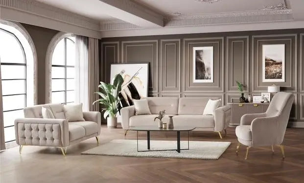 Ensemble de canapés BENTLY 3+2+1 capitonnés avec dossier basculant #couleur_beige