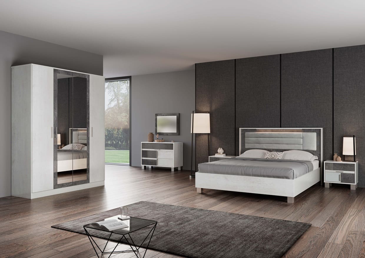 Chambre à coucher complète DAFNE blanc laqué et marbre gris 160x200 cm