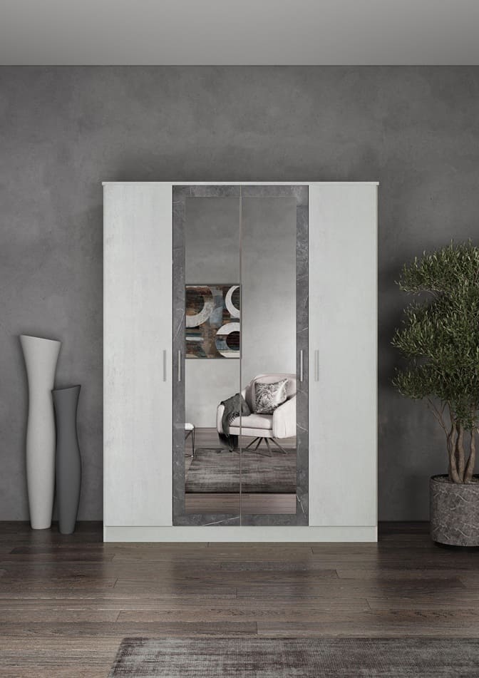 Chambre à coucher complète DAFNE blanc laqué et marbre gris 160x200 cm