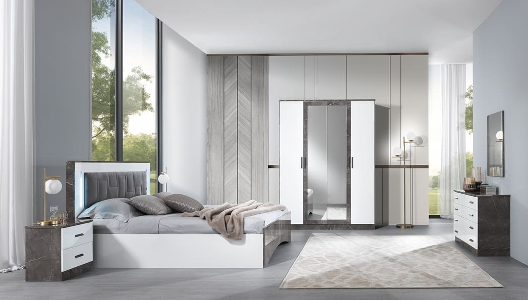 Chambre à coucher complète IRIS blanc laqué et effet marbre gris