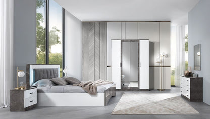 Chambre à coucher complète IRIS blanc laqué et effet marbre gris