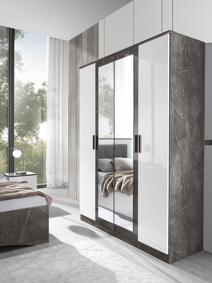 Chambre à coucher complète IRIS blanc laqué et effet marbre gris