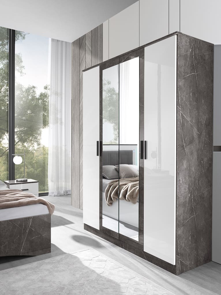 Chambre à coucher complète IRIS blanc laqué et effet marbre gris