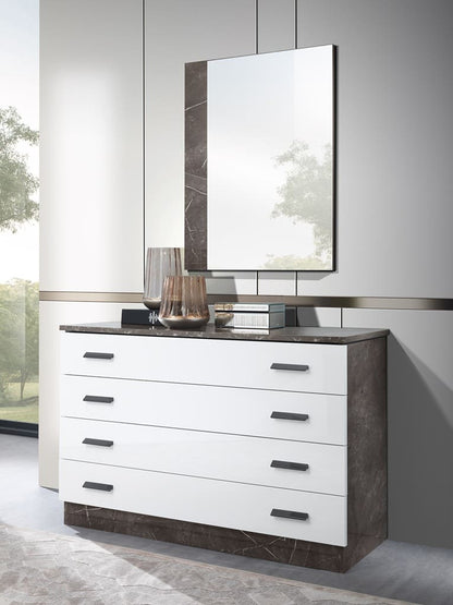Chambre à coucher complète IRIS blanc laqué et effet marbre gris
