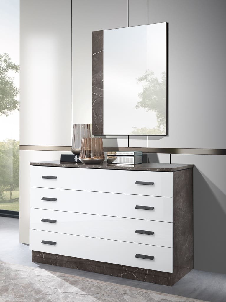 Chambre à coucher complète IRIS blanc laqué et effet marbre gris
