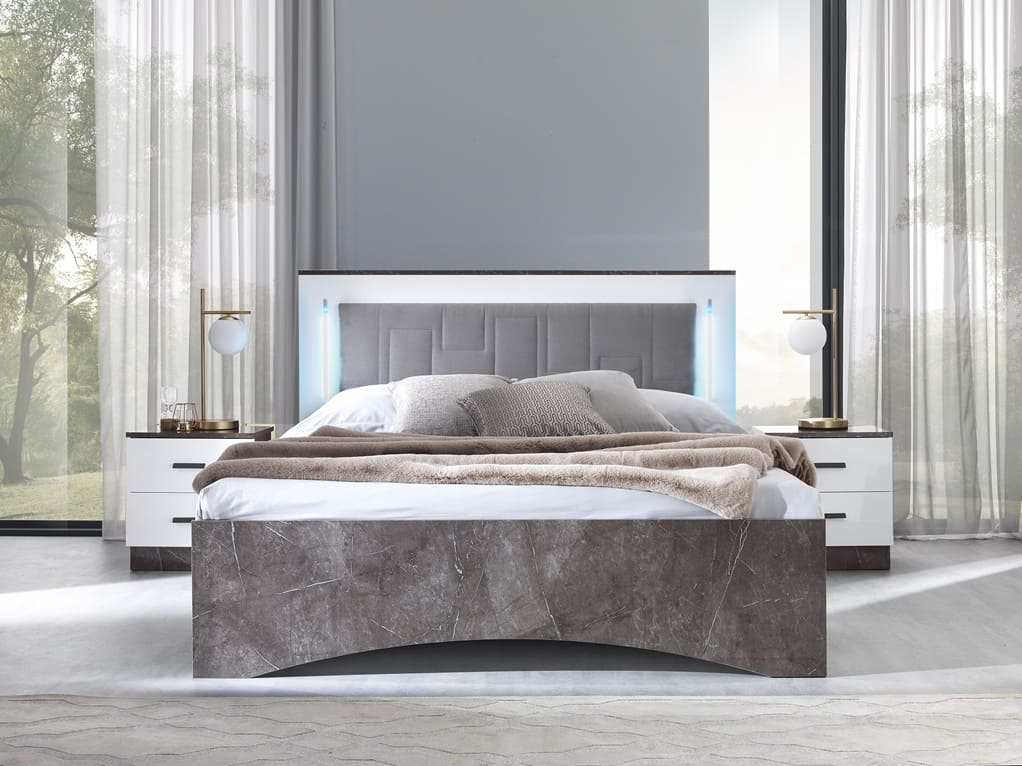 Chambre à coucher complète IRIS blanc laqué et effet marbre gris