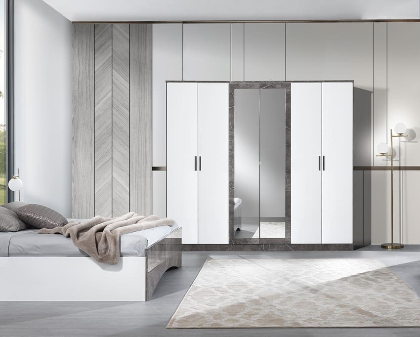 Chambre à coucher complète IRIS blanc laqué et effet marbre gris