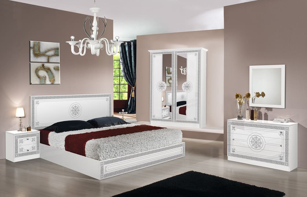 Chambre à coucher complète LUNA en bois laqué #couleur_blanc
