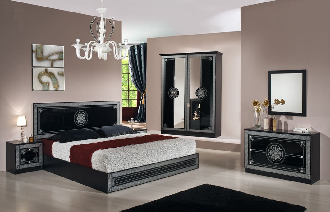 Chambre à coucher complète LUNA en bois laqué #couleur_noir