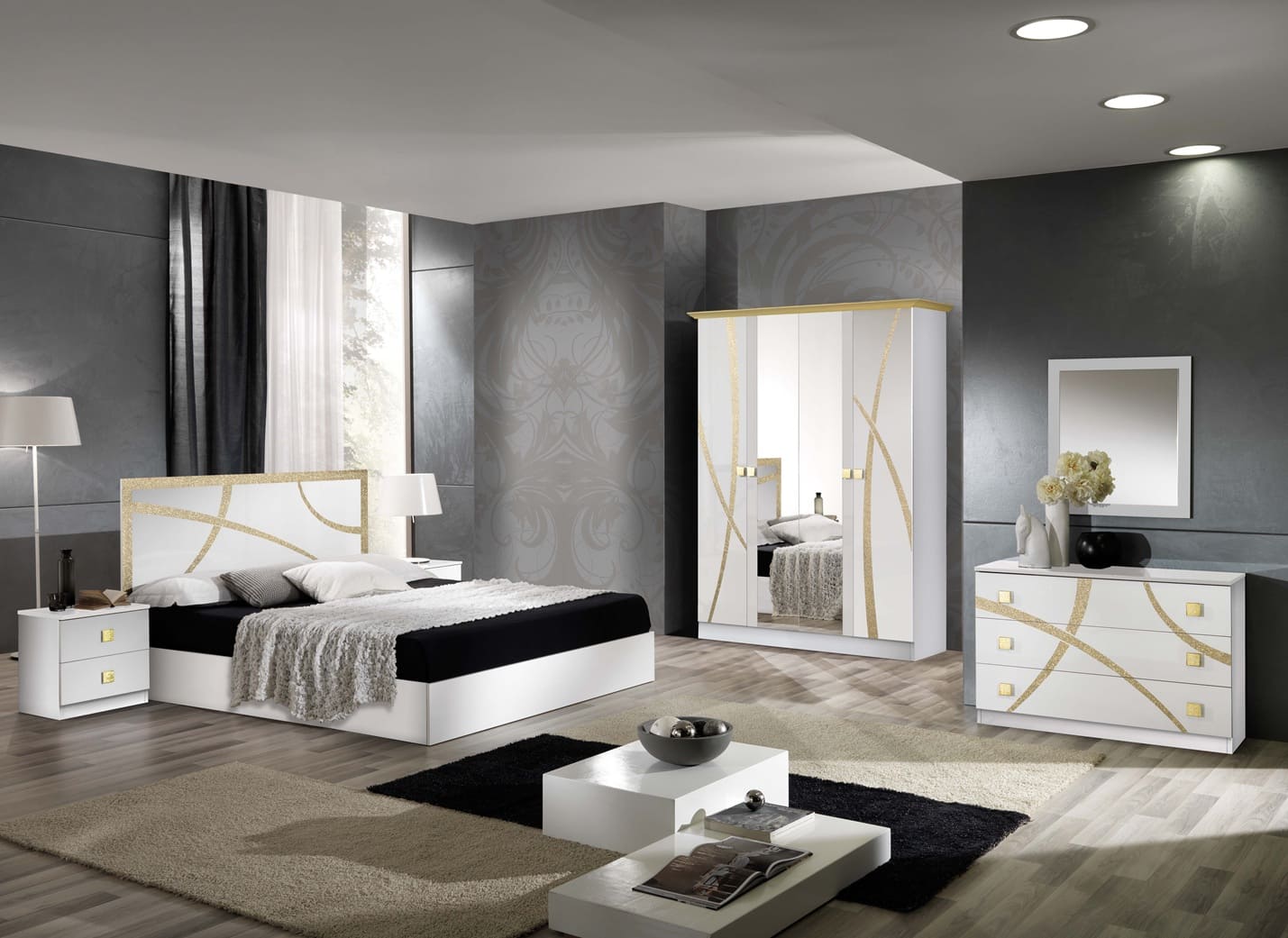 Chambre à coucher complète MILANO en bois laqué #couleur_blanc-gold