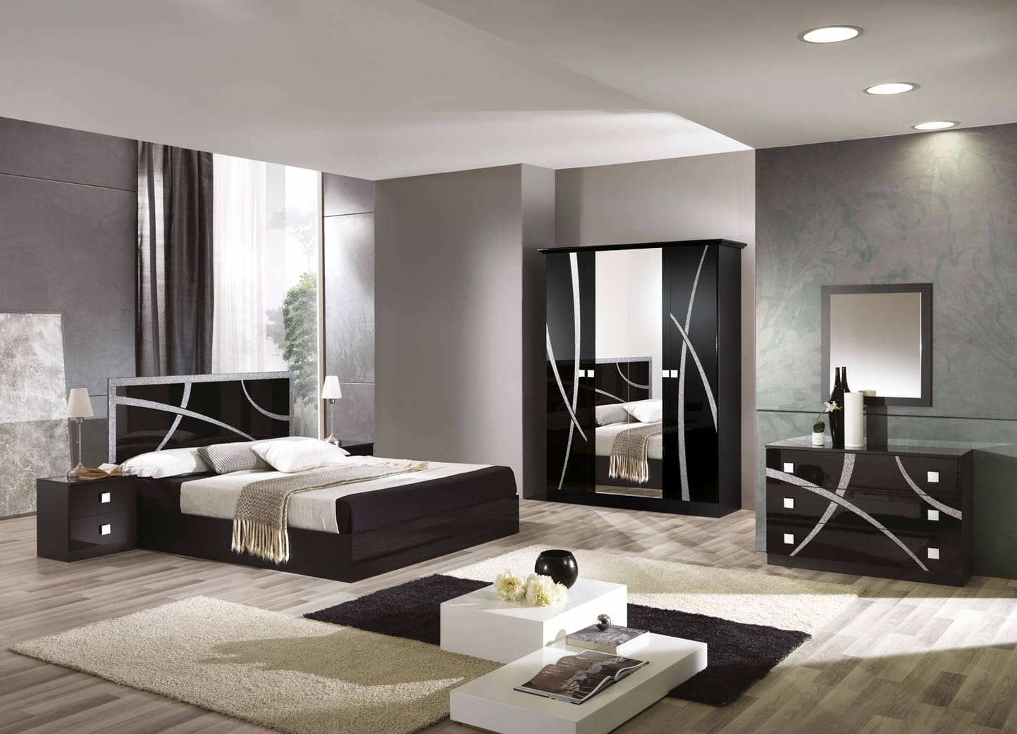 Chambre à coucher complète MILANO en bois laqué #couleur_noir-argent