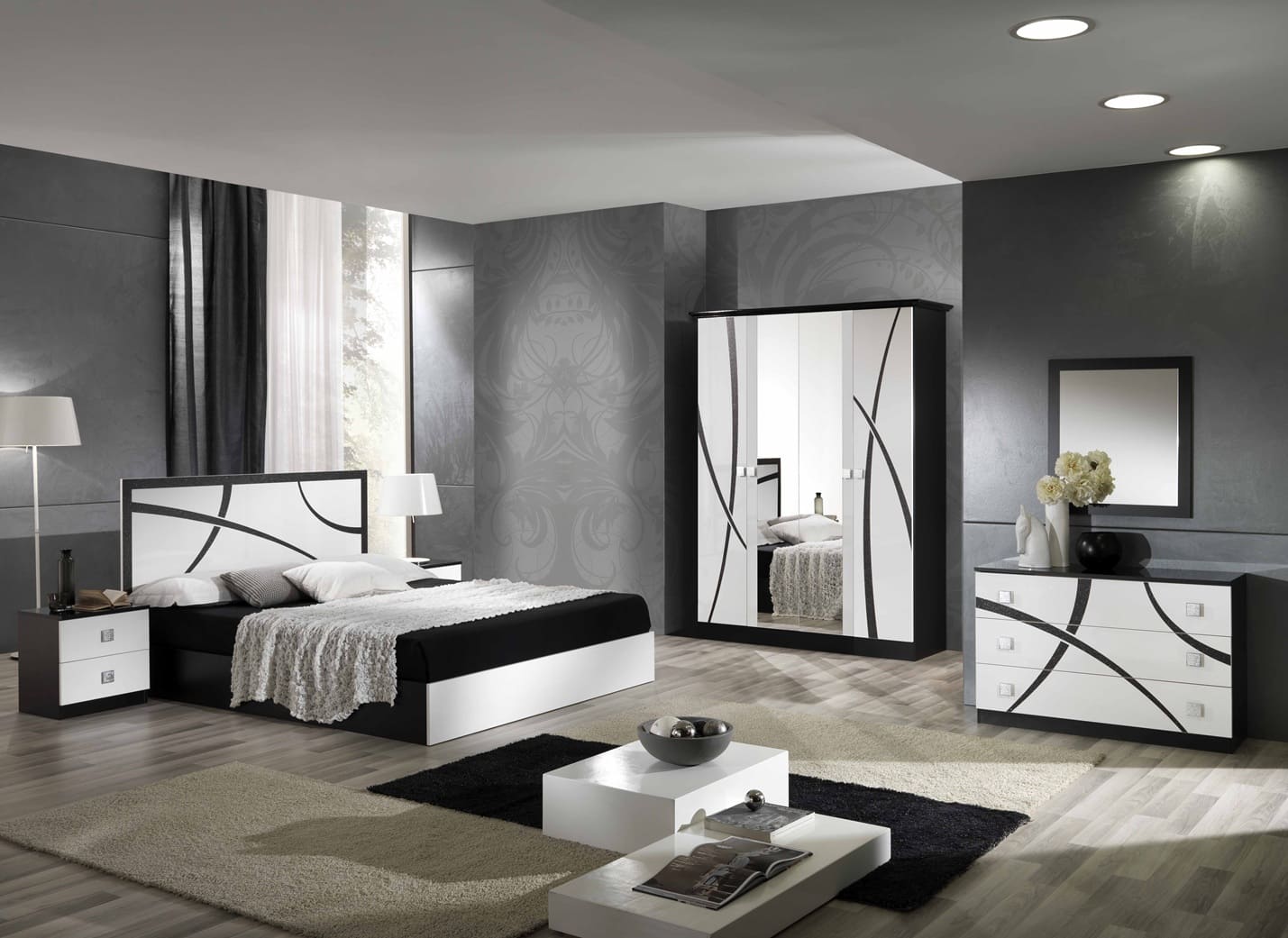 Chambre à coucher complète MILANO en bois laqué #couleur_blanc-et-noir