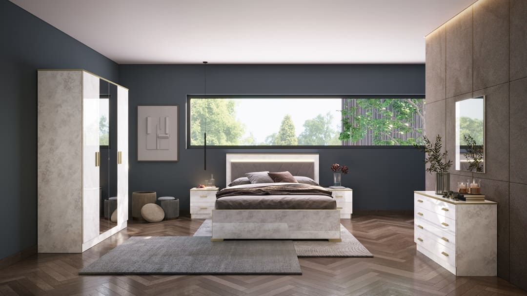Chambre à coucher complète NOEMI en bois laqué #couleur_marbre-beige-avec-lit-matelasse