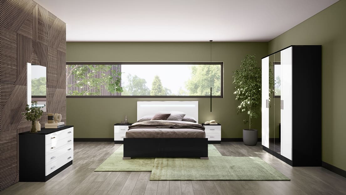 Chambre à coucher complète NOEMI en bois laqué #couleur_blanc-et-noir