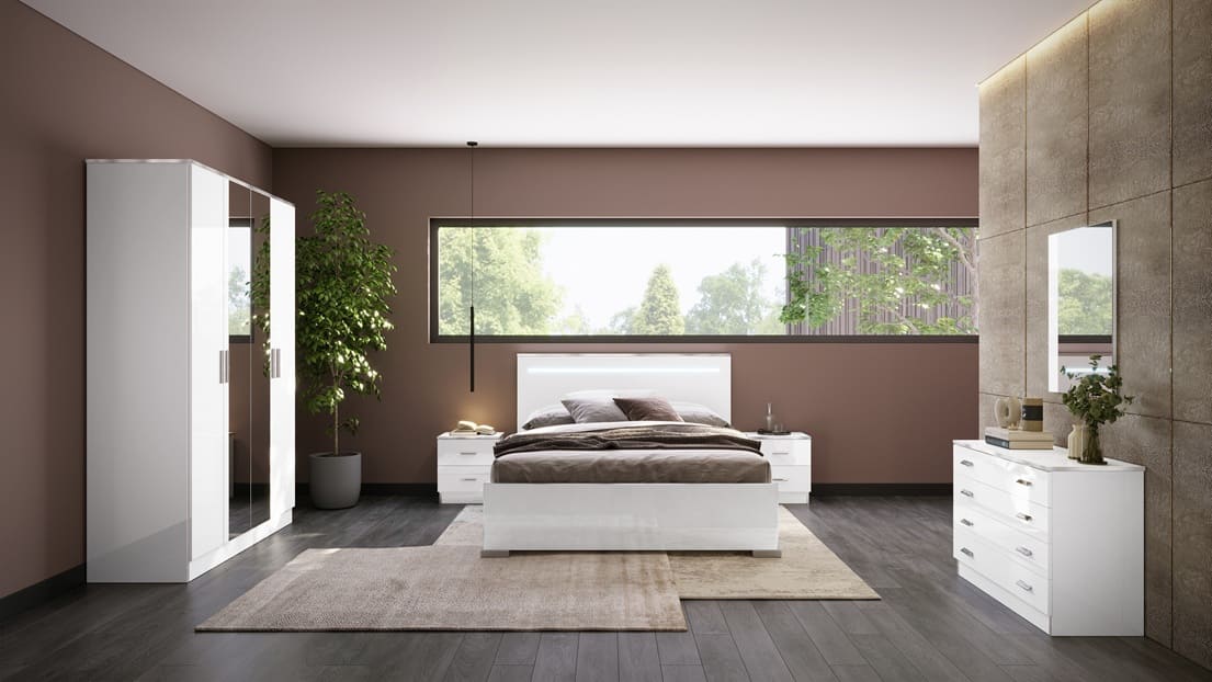 Chambre à coucher complète NOEMI en bois laqué #couleur_blanc