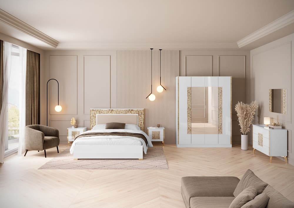 Chambre à coucher complète STELLA en bois laqué #couleur_blanc