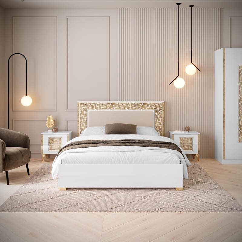 Chambre à coucher complète STELLA en bois laqué #couleur_blanc