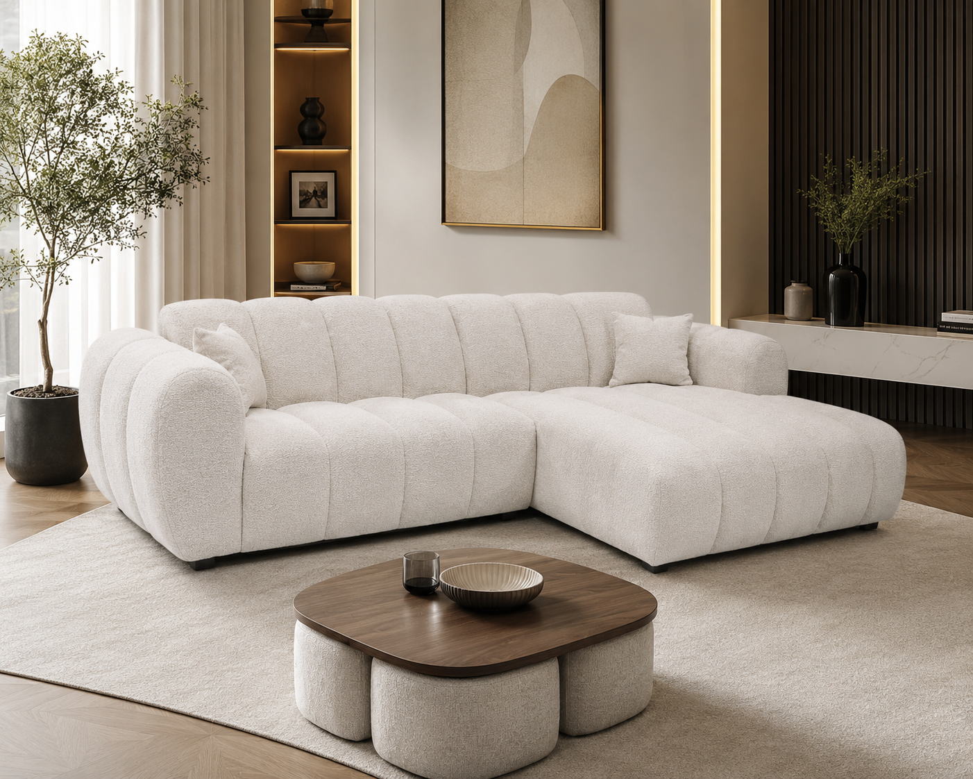 Canapé d'angle moderne RAYMAN en Tissu #couleur_beige