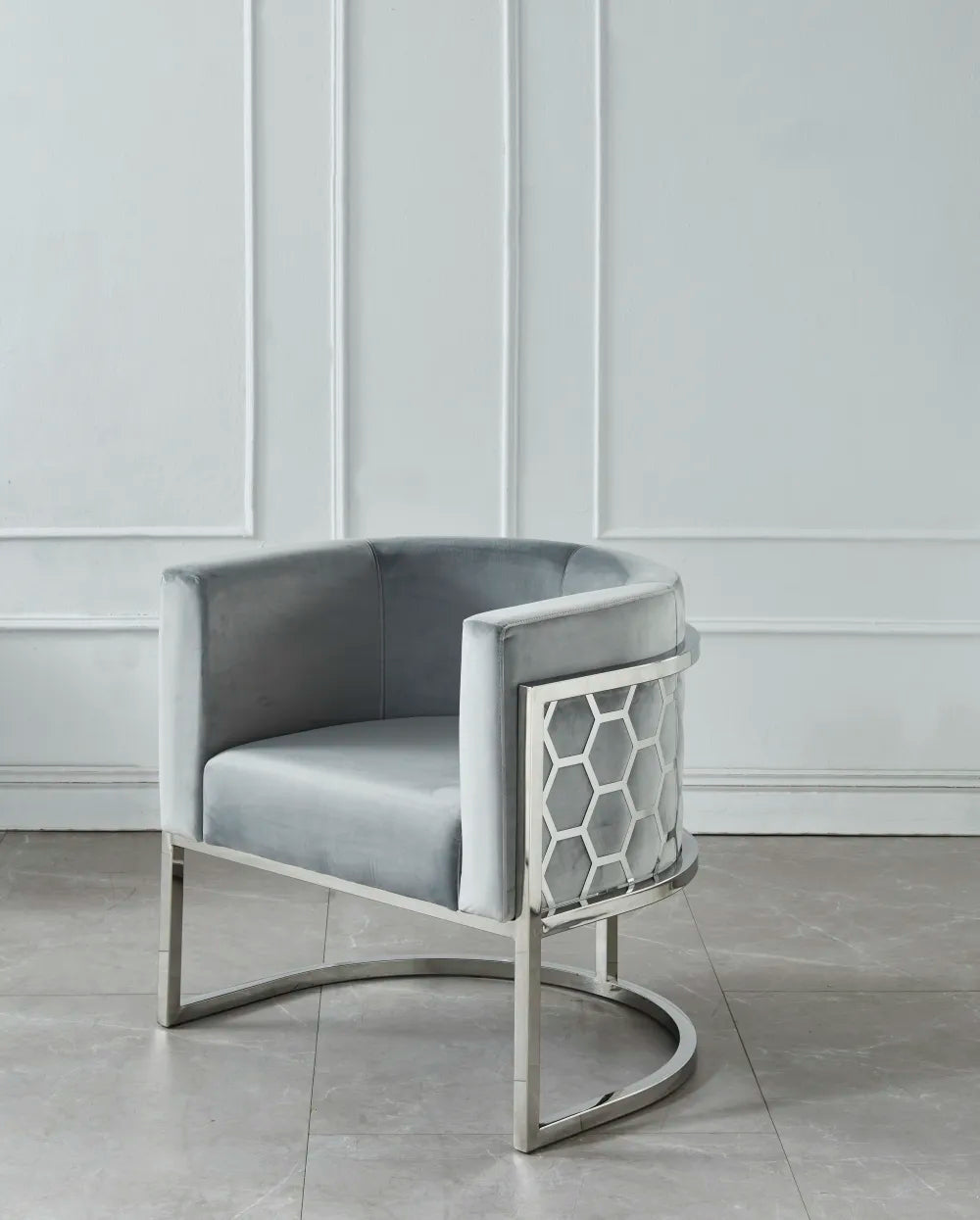 Fauteuil design ALVEOLES en velours et acier inox #couleur_gris
