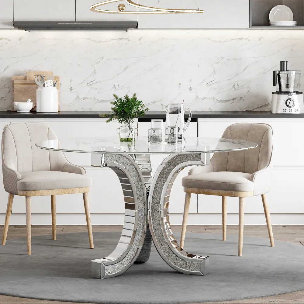 Table à Manger Ronde ECLAT 130 cm – Verre Transparent et Piètement Miroir Cristal