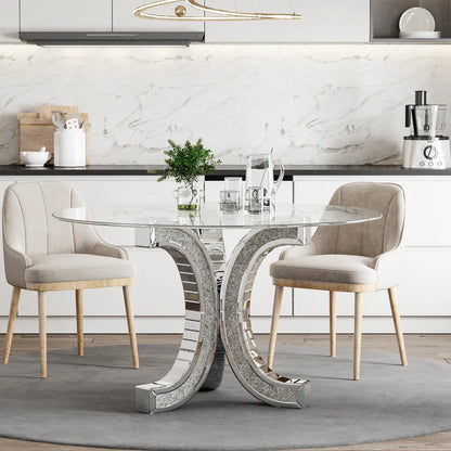 Table à Manger Ronde ECLAT 130 cm – Verre Transparent et Piètement Miroir Cristal