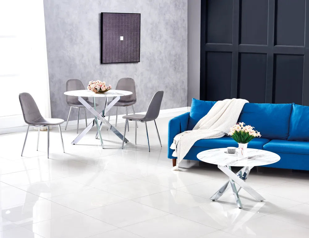 Table à manger ronde JESSICA pieds chrome Diamètre 120 cm #couleur_marbre-blanc