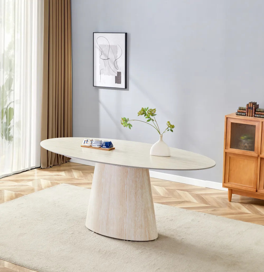 Table à manger ovale OVA 180 cm plateau céramique effet travertin