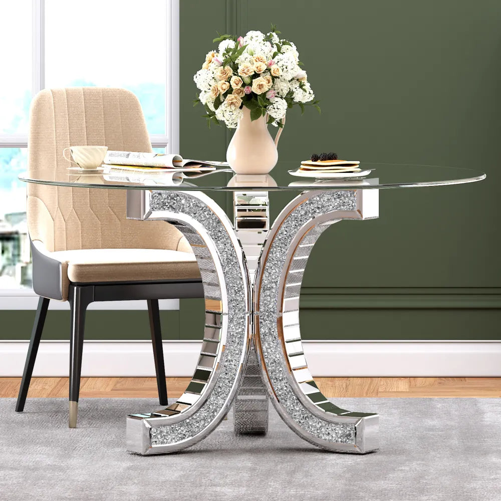 Table à Manger Ronde ECLAT 130 cm – Verre Transparent et Piètement Miroir Cristal